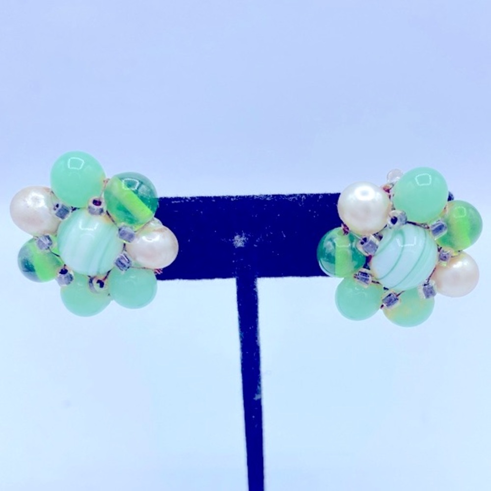 Vintage Melon Green Color And Pearl Beaded Clip On Earrings Marked Japan